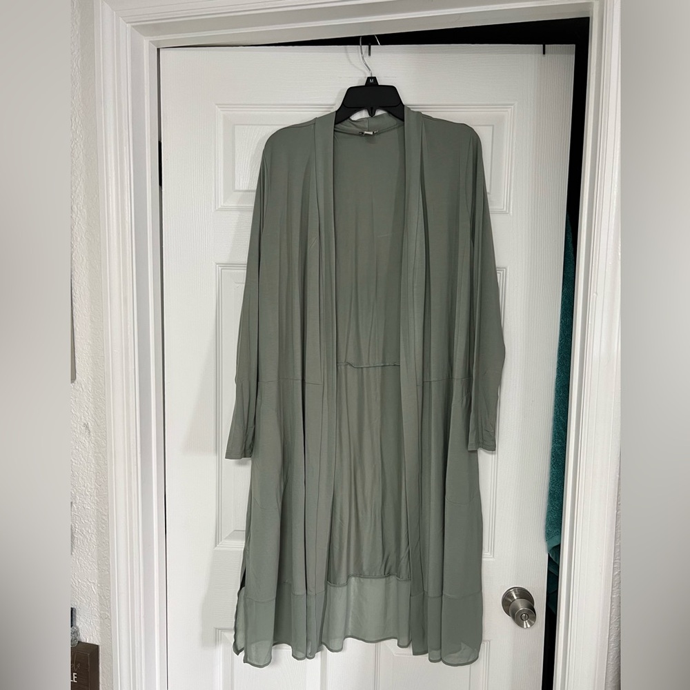 LOGO Long Sage Open Front Cardigan With Sheer Hem
